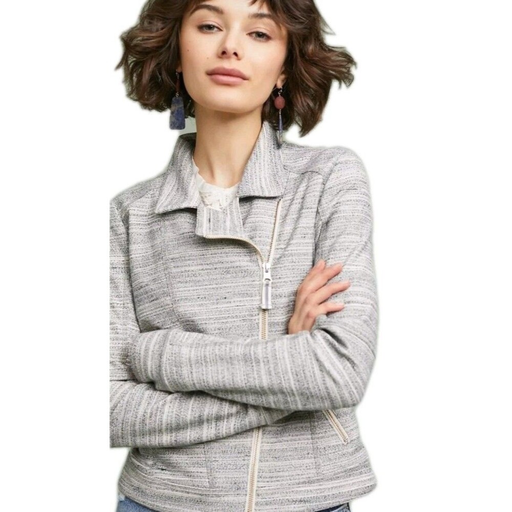 Anthropologie Caitlin Knit Moto Jacket Size Medium Full Zip Neutral Office Gray